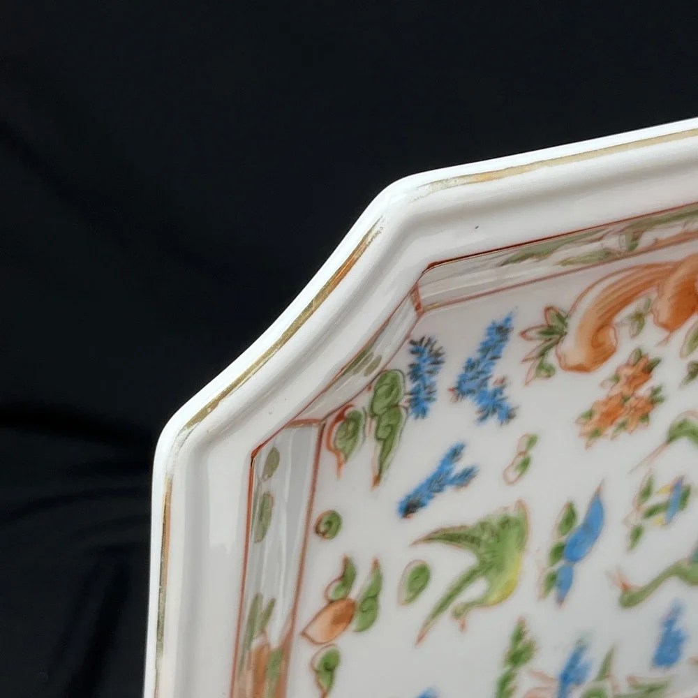Vintage Hand Painted Porcelain Plate Bowl‎ Set Brass Rim Oriental Asian Horchow